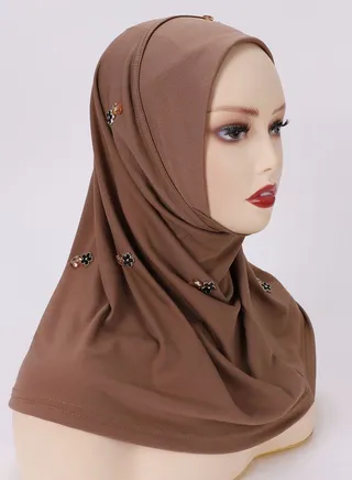 Crystal Diamond  Decoration Satin Women Muslim  Headwear Wearable Traditional Wear Long Fashion Head Scarf for Ladies All Seasons Hijab Brown 
