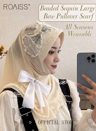 Women's Chiffon Hijab Muslim Casual Scarf Bead Sequin Turban for Ladies Beading Decoration Versatile All Seasons Wearable Traditional Wear Hijab Ramadan and Eid al-Adha Gifts 