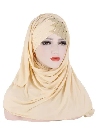 Muslim Hijab Instant Hijab for Women Glitter Sequin Forehead Cross Turban Islamic Head Scarves Shawl Wrap Long Fashion Chiffon Scarf Premium Head Cover for Women and Girls Beige 