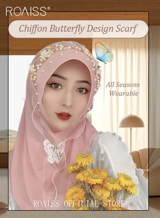 Women's Chiffon Hijab Muslim Casual Scarf Floral Pearl Turban for Ladies Beading Decoration Versatile All Seasons Wearable Traditional Wear Hijab 