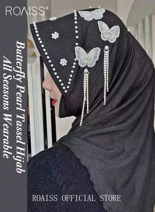 Women's Chiffon Hijab Muslim Casual Scarf Butterfly Tassel Turban for Ladies Beading Decoration Versatile All Seasons Wearable Traditional Wear Hijab Ramadan and Eid al-Adha Gifts 