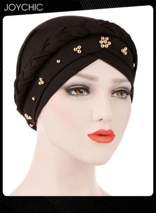 Black Spring Autumn Turban Cap Women Wrap Beaded Braid Turban Islamic Muslim Fashion Moisture Wicking Hijab for Women Girls 
