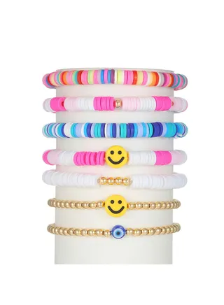 7 Pcs Bohemian Multi Layer Beaded Stacking Bracelets for Women Bead Bracelets Versatile Slip on Stackable Smile Face Bead Bracelets Set 