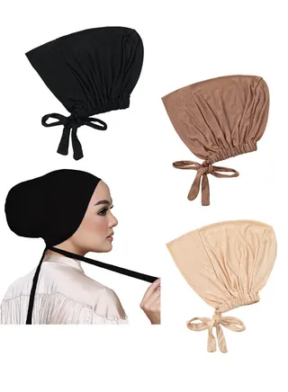 Women Under Scarf 3PCS Chemo Headwear Hat Hijab Cap Islamic Muslim With Tie-Back Closure 