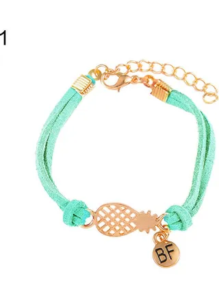 Fashion Girls Faux Leather Rope Hollow Pineapple Letter BF Double Layer Bracelet 