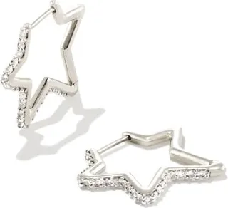 Open Star Sterling Silver Pave Hoop Earrings in White Topaz
