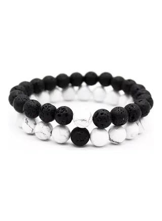 2-Piece Hawlite And Volcanic Lava Couple Bracelet Set 