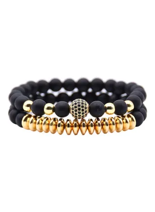 2-Piece Natural Stone Lava Rock Beaded Bracelet 