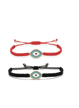 Blue Eye Couple Bracelet- 2 Pieces Set Couple Wristbands Red & Black Handmade String Amulet Jewelry Blue Eye Bracelets Adjustable Tightness for Couples Girlfriend Boyfriend Best Friends 