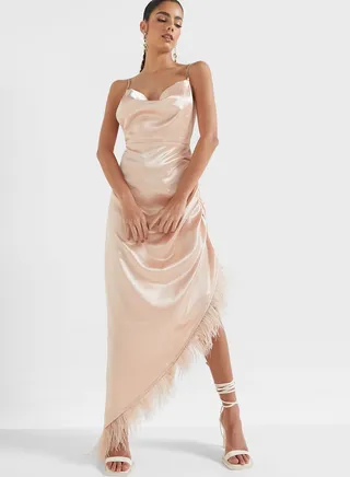 Cowl Neck Fur Detail Asymmetric Dress
