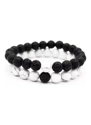 2-Piece Hawlite And Volcanic Lava Couple Bracelet Set 