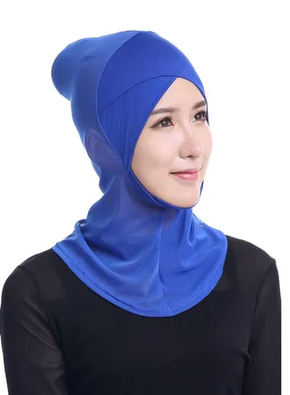 Women's Modal Net Stitching Long Scarf Solid Color Stretch Hijab Inner Cap Dark Blue 