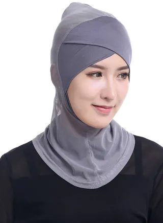 Women's Modal Net Stitching Long Scarf Solid Color Stretch Hijab Inner Cap Grey 