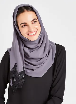 Lace Detail Plain Hijab Grey/Black 