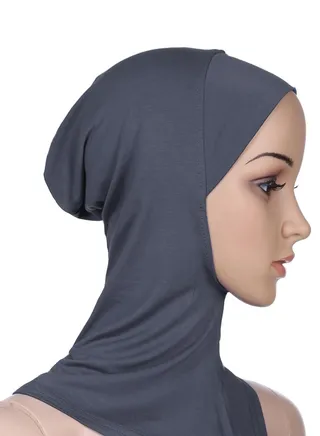 Women's Stretch Long Scarf Solid Color Hijab Inner Cap Grey 