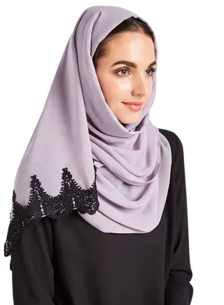 Lace Detail Plain Hijab Purple/Black 