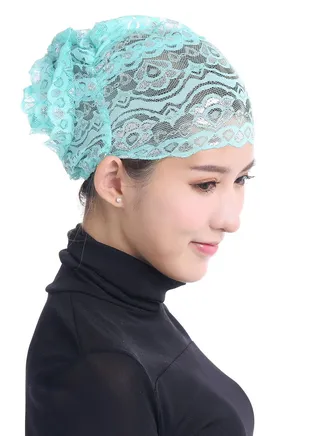 Women's Shiny Lace Hijab Inner Cap Grass Blue 
