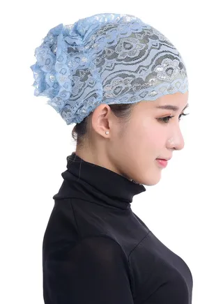 Women's Shiny Lace Hijab Inner Cap Sky Blue 