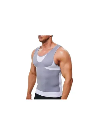 Mens Compression Shirt, Mens Slimming Body Shaper Vest, Muscle Training Tank, Undershirt Square Cut Muscle Tank, Top Workout Vest Abs Abdomen Slim, for Outdoor, Indoor Activity(XL)(Light Grey) 