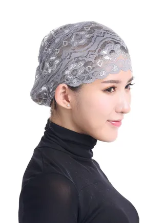 Women's Solid Color Shiny Lace Hijab Inner Cap Grey 
