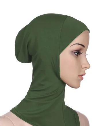 Women's Stretch Long Scarf Solid Color Hijab Inner Cap Army Green 