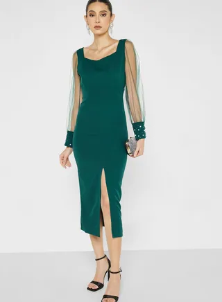 Mesh Sleeve Bodycon Dress With Slit 