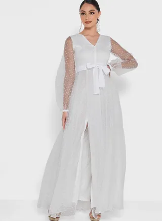 Dobby Sheer Sleeve A-Line Dress