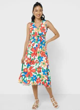 Floral Tie Up Midi Dress