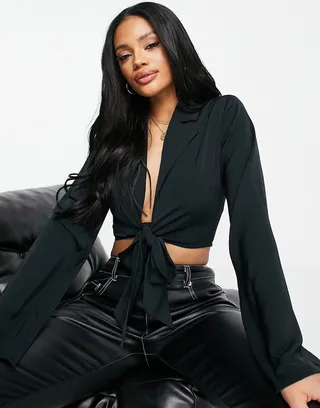 NA-KD front tie blouse in black