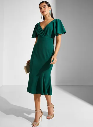 Plunge Neck Flared Sleeve Dress 