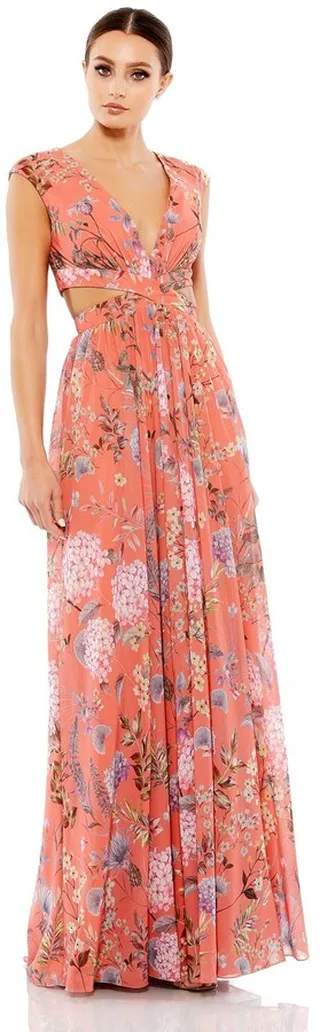 Cut Out Cap Sleeve V Neck Gown