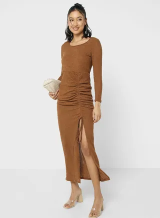 Side Slit Ruched Tie Up Dress 