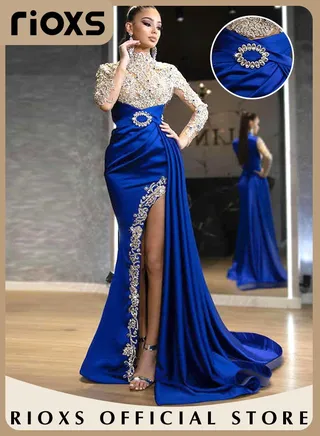 Women's Glitter Stitching Sliming Grown Half High Collar High Split Floor-length Prom Dress for Cocktail Party or Fashion Party 