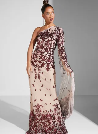 Sequin Embroidered One Shoulder Dress 