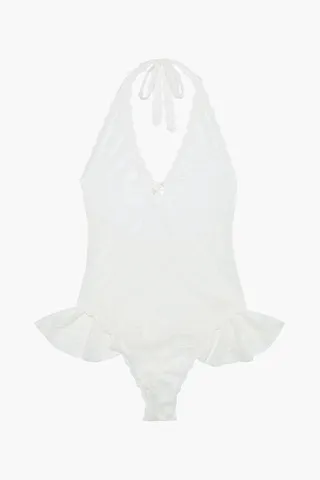 Peekaboo ruffled stretch-lace halterneck thong bodysuit