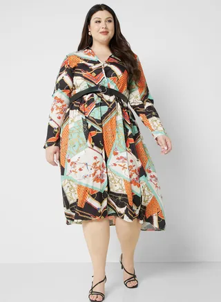 Printed Pleat Detail Fit & Flare Dress