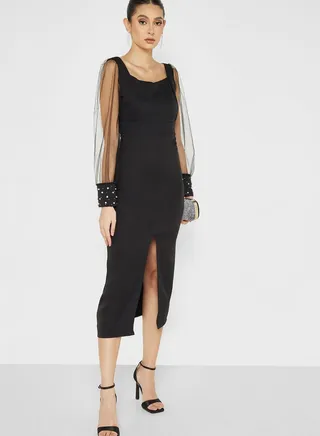 Mesh Sleeve Bodycon Dress With Slit 