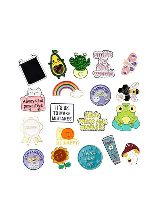 MAKINGTEFC 18 Pieces Positive Enamel Pins Set Cute Enamel Lapel Pins Inspirational Cartoon Brooch Pin Badges Butterfly Cat Cactus Enamel Pins with Storage Bag for Women Jeans Backpacks Jackets Decor 