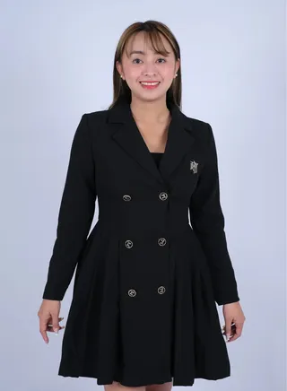 Women’s Pleated Design Buttons Long Sleeves Short Dress in Black 