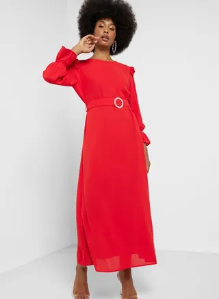 Cuff Sleeve Fit & Flare Dress