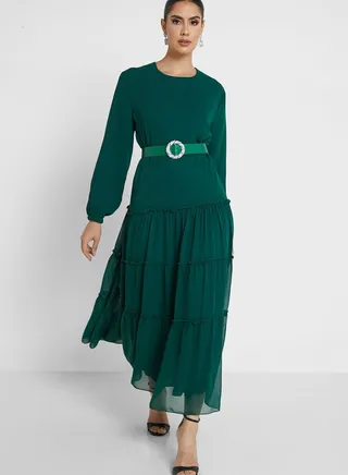 Chiffon Tiered Dress With Belt 