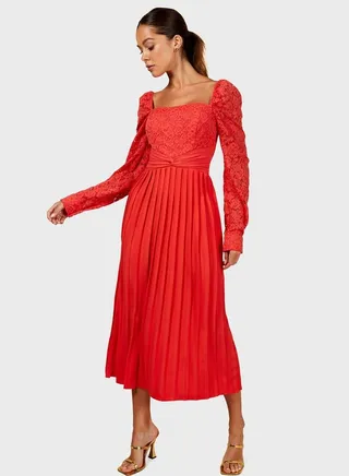 Coral Lace Pleated Midi Dress 