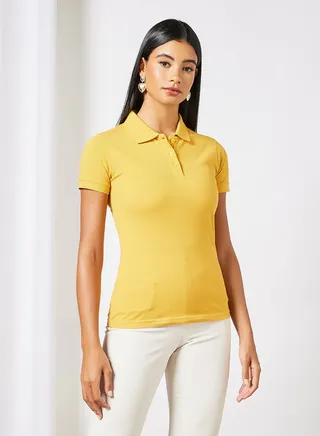 Women's Basic Casual Polo Neck Cotton Comfort Fit Half Sleeve T-Shirt Mineral Yellow 