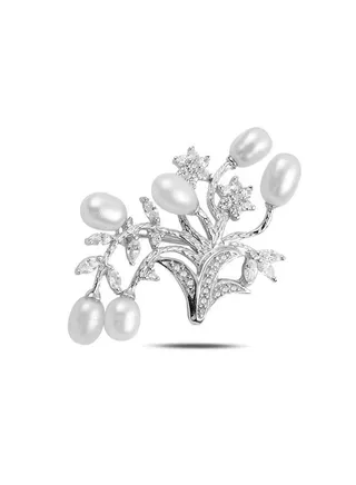 925 Silver-Natural Pearl & CZ Brooch-High-Quality Jewelry in UAE Dubai 100% Precious Metal Gift for Women-EMNON92BRO-BR92716 