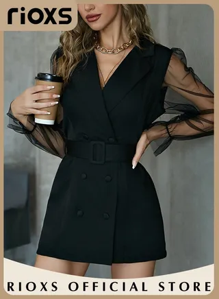 Women's Black Belted Jacket Dress Mesh Long Sleeve Double Breasted V-neck Casual Blazer Dress for Work Office or Daily Wear 