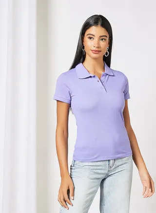 Women's Basic Casual Polo Neck Cotton Comfort Fit Short Sleeve T-Shirt in Premium Bio washed cotton Purple 