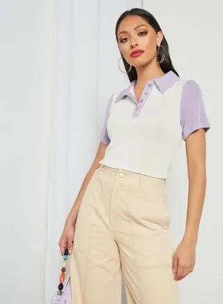 Colourblock Knit Polo White/Purple 