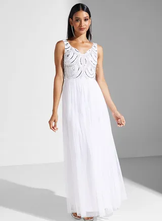 Embellished Plisse Detail Dress 