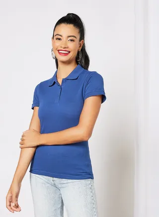 Women's Basic Casual Polo Neck Cotton Comfort Fit Half Sleeve T-Shirt Navy 