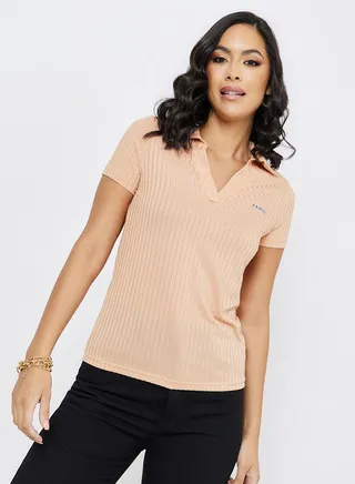 Regular Fit Paris Print Wide Ribbed Polo T-Shirt 